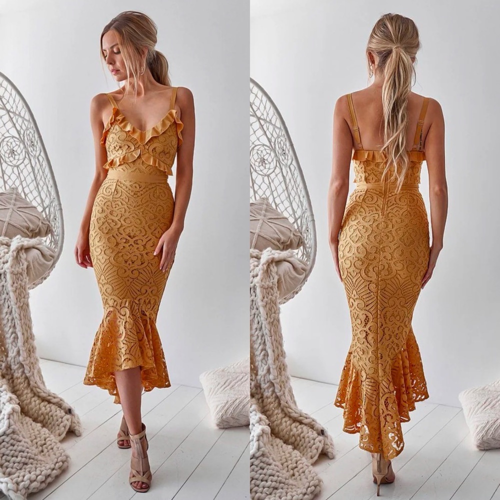 Elegant High Low Lace Dress in Gold